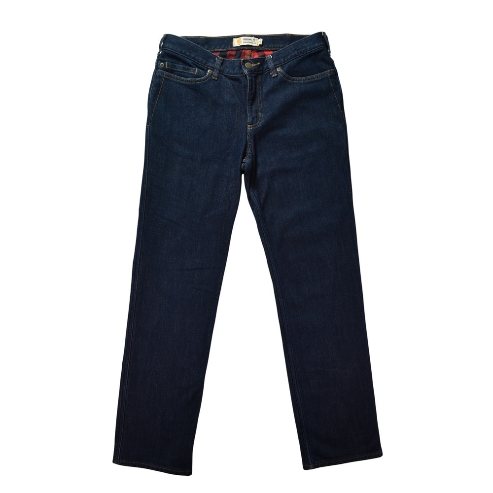 Carhartt Flannel Lined Jeans Womens 8 Regular Dark Wash Straight Leg Plaid Denim